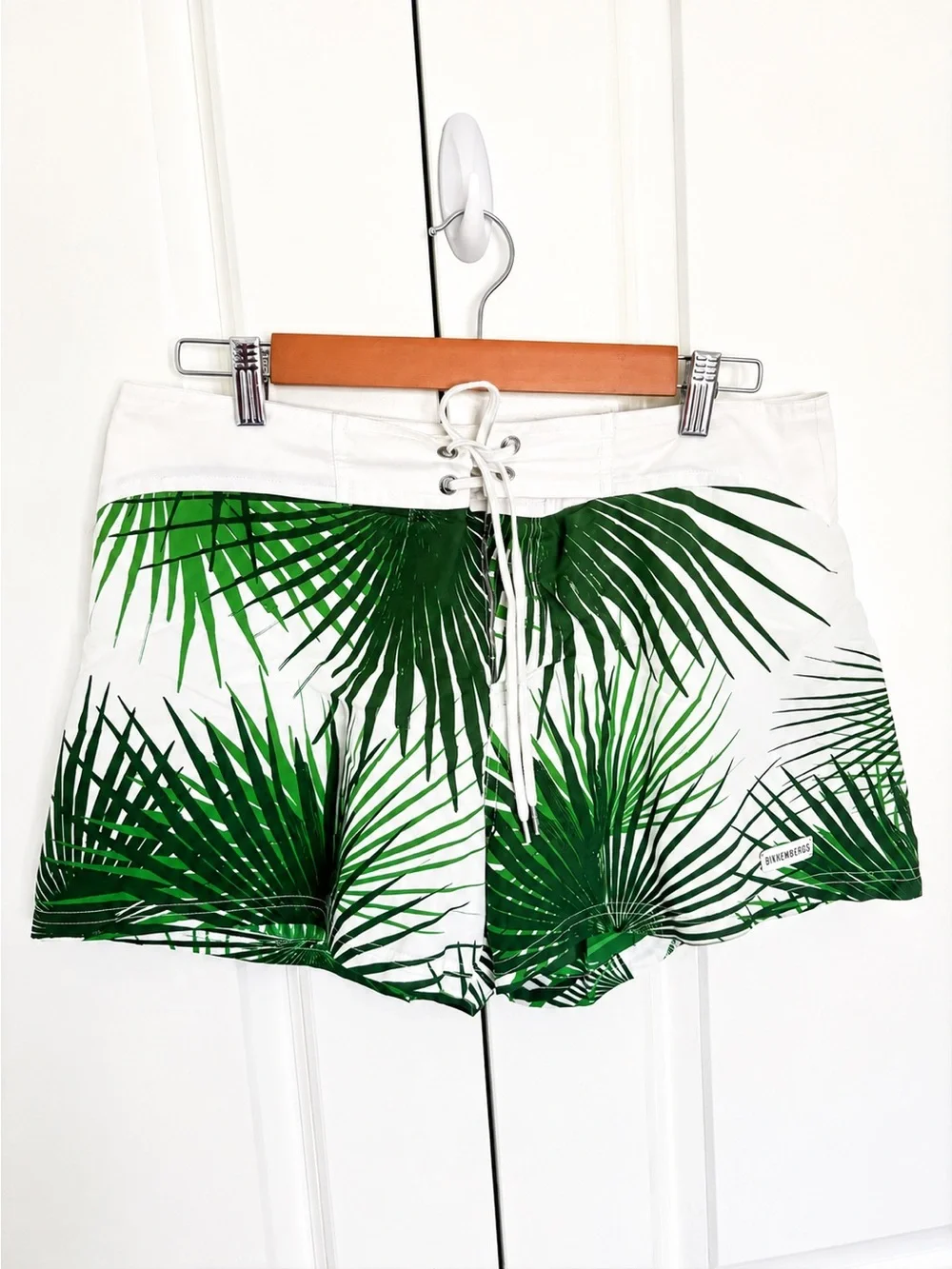 Bikkembergs White Swim Trunks with Green Palm Print